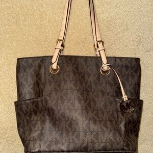 Michael Kors W/Dustbag Dark Brown Signature Tote with Tan Handles + MK Dust Bag